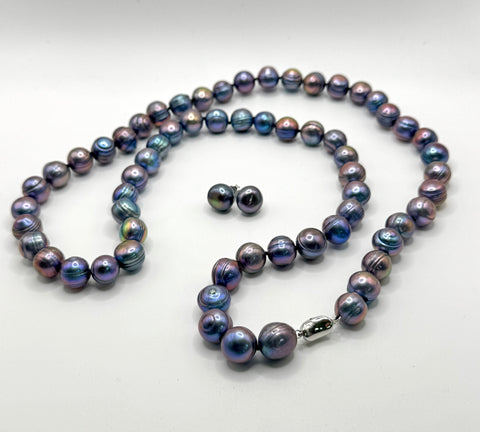 32 INCH BLUE SILVER PEARL NECKLACE + EARRING SET