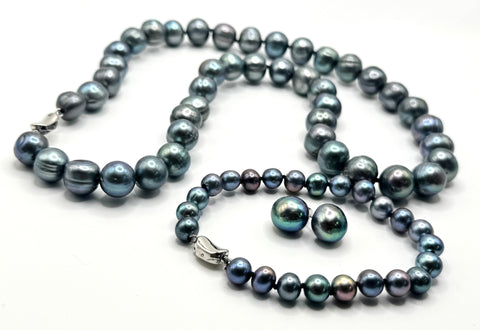 SALE! $179 BLUE SILVER PEARL NECKLACE, EARRING & BRACELET SET (22 inch)