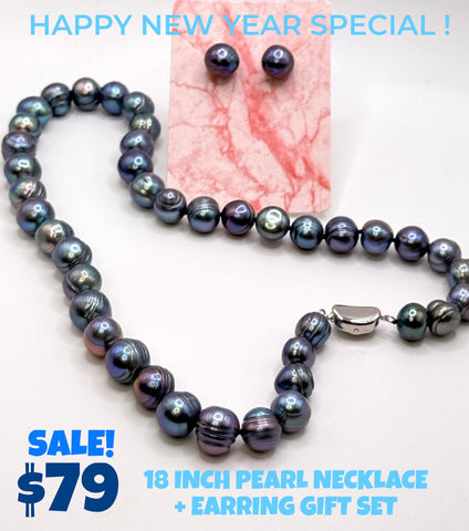 NEW YEAR’S SPECIAL! 18” LARGE BLUE SILVER PEARL NECKLACE + EARRING SET (9-11mm)