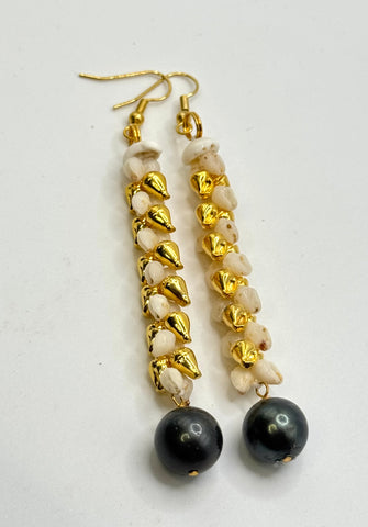 NIIHAU MOMI LONG GOLD HELECONIA + TAHITIAN PEARL EARRINGS