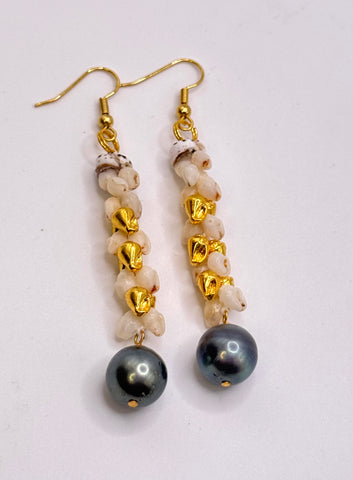 NIIHAU MOMI LONG GOLD HELECONIA + TAHITIAN PEARL EARRINGS