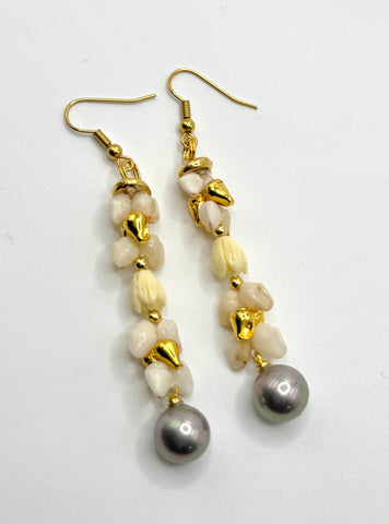 NIIHAU SHELL SILVER PEARL PĪKAKE  DANGLE EARRING