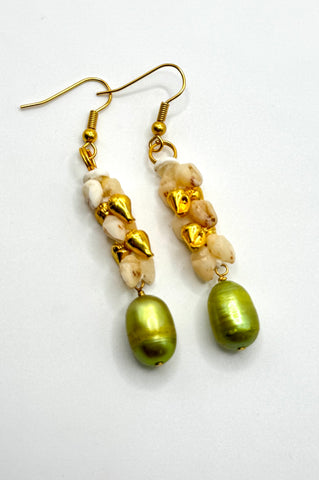NIIHAU SHELL GREEN PEARL + GOLD DANGLE EARRING