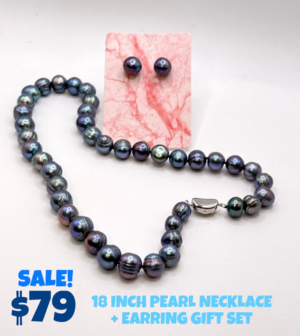 HOLIDAY GIFT SET •  18” BLUE SILVER PEARL NECKLACE + EARRING