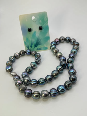 MOVING SALE: 22” BLUE PEARL NECKLACE + EARRING BUNDLE